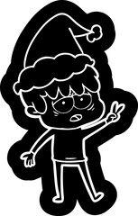 quirky cartoon icon of a exhausted boy wearing santa hat
