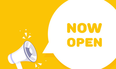 Now open. Flat, yellow, Now open banner. Vector illustration.