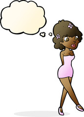 cartoon woman posing in dress with thought bubble