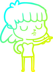 cold gradient line drawing of a cartoon indifferent woman