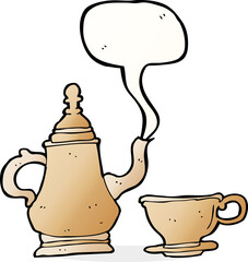 cartoon coffee pot and cup with speech bubble