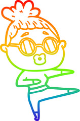 rainbow gradient line drawing of a cartoon dancing woman wearing sunglasses