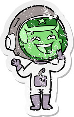 distressed sticker of a cartoon laughing astronaut