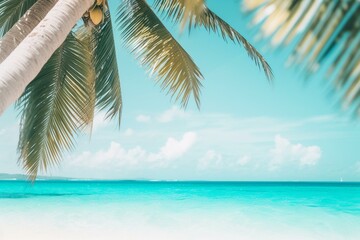 A tropical banner with turquoise water, white sand and palm tree. Summer and vacation concept. Generative AI