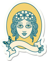 tattoo style sticker with banner of a maiden with flowers in her hair
