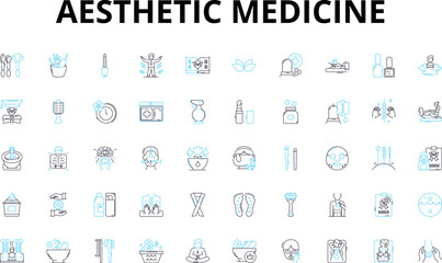 Aesthetic medicine linear icons set. Botox, Fillers, Laser, Sculpting, Contouring, Micro-needling, Peels vector symbols and line concept signs. Facials,Hydration,Anti-aging illustration
