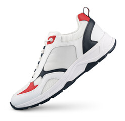 White sneaker stands on the tip isolated on transparent background