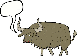 cartoon annoyed hairy cow with speech bubble