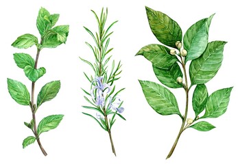Watercolor set of culinary herbs: mint, rosemary, bay leaf. Illustration in botanical style using kitchen herbs and spices. Ingredients of Italian and Mediterranean cuisine on a white background.
