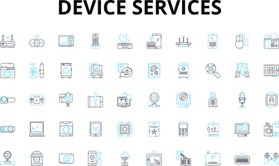 Device services linear icons set. Repairs, Maintenance, Upgrades, Optimization, Diagnostics, Troubleshooting, Configuration vector symbols and line concept signs. Calibration,Alteration,Restoration