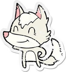 distressed sticker of a friendly cartoon wolf