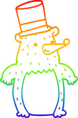 rainbow gradient line drawing of a cartoon bear in top hat