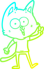 cold gradient line drawing of a funny cartoon cat giving peace sign