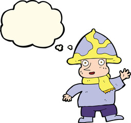 cartoon mushroom man with thought bubble