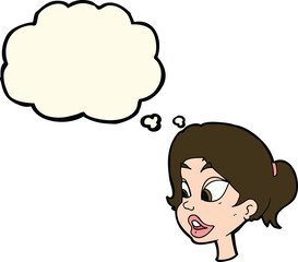 cartoon friendly woman with thought bubble