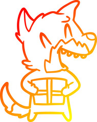 warm gradient line drawing of a laughing christmas fox cartoon