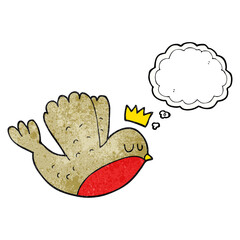 freehand drawn thought bubble textured cartoon flying christmas robin with crown