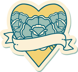 sticker of tattoo in traditional style of a heart and banner with flowers