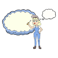 freehand drawn thought bubble cartoon female mechanic