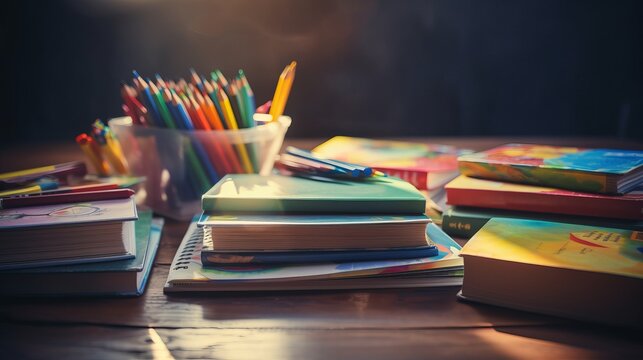 A stack of colored books and pencils on the table. The concept of children's school education. AI generated