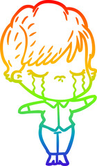rainbow gradient line drawing of a cartoon woman crying