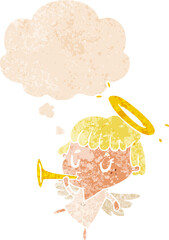 cartoon angel with thought bubble in grunge distressed retro textured style