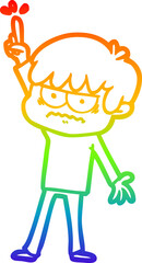 rainbow gradient line drawing of a annoyed cartoon boy