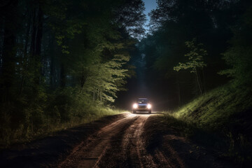 Obraz premium Car on the road through the night forest. Headlights at night. Generative AI