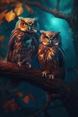 Fantasy owls in fairy forrest, on a branch, Geenrative Ai