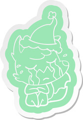 crying fox quirky cartoon  sticker of a wearing santa hat