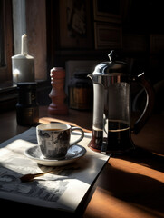 Coffee mug next to a french press, minimal, contemporary illustration made with Generative AI