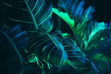 Neon-framed tropical leaves on a futuristic background with green and blue hues. Generative AI
