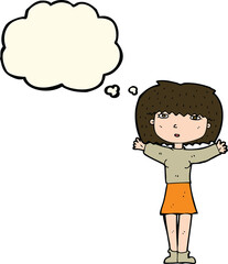 cartoon woman raising arms in air with thought bubble