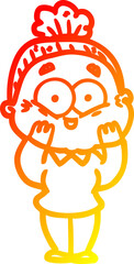 warm gradient line drawing of a cartoon happy old woman