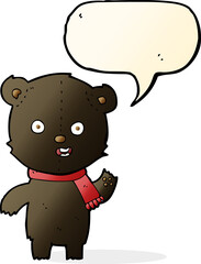 cartoon waving black bear cub with scarf with speech bubble