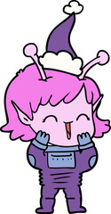 hand drawn line drawing of a alien girl giggling wearing santa hat