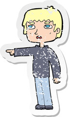 retro distressed sticker of a cartoon boy pointing