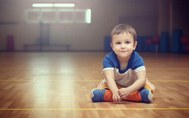 A cheerful toddler sits on the gym floor, his smile and posture radiating pure joy and playful energy in the indoor setting.