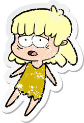 distressed sticker of a cartoon tired woman