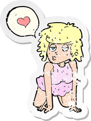 retro distressed sticker of a cartoon woman in love