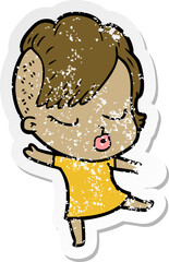 distressed sticker of a cartoon pretty hipster girl