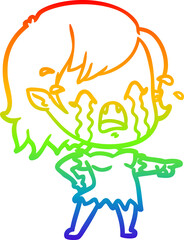 rainbow gradient line drawing of a cartoon crying vampire girl