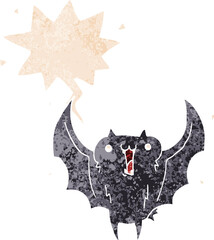 cartoon happy vampire bat with speech bubble in grunge distressed retro textured style
