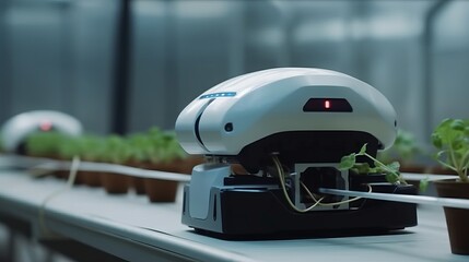 Smart robotic farmer observes and check growth plant. AI generated