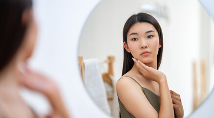 woman looking at mirror