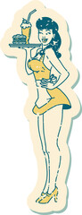 distressed sticker tattoo in traditional style of a pinup waitress girl