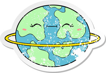 distressed sticker of a cartoon habitable alien planet