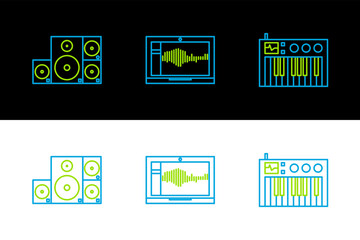 Set line Music synthesizer, Stereo speaker and Sound or audio recorder on laptop icon. Vector
