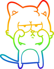 rainbow gradient line drawing of a tired cartoon cat rubbing eyes