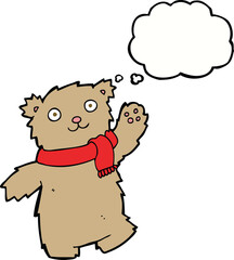 cartoon teddy bear wearing scarf with thought bubble